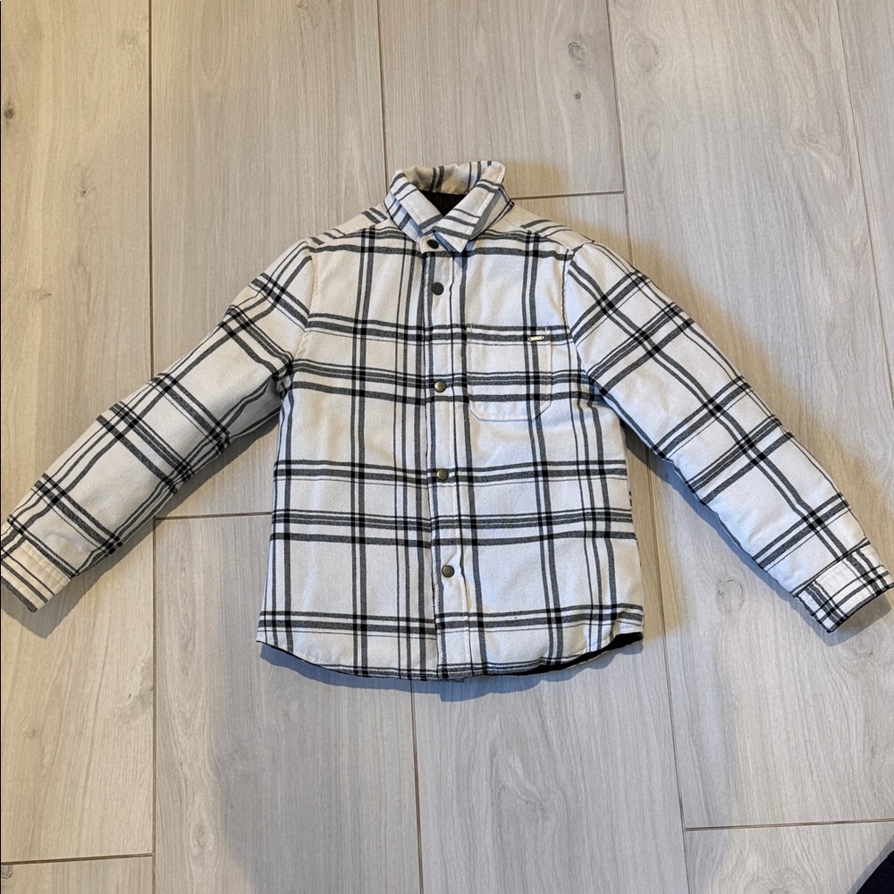 IKKS brand Kids Reversible Black Puffer Jacket, interior soft cream plaid, size - Picture 7 of 8
